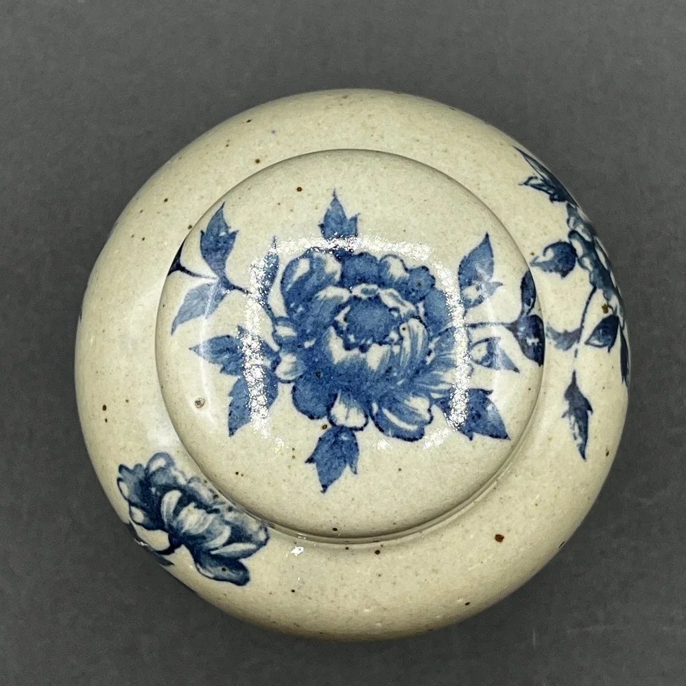 Vtg Pier 1 Imports Blue Gray Floral Ginger Jar Speckled Lidded Vase Chinoiserie
